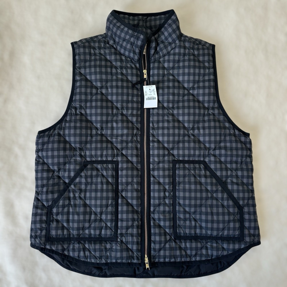 J Crew Womens‎ Printed Quilted Puffer Vest 2XL Goose Down Black Check Plaid NWT